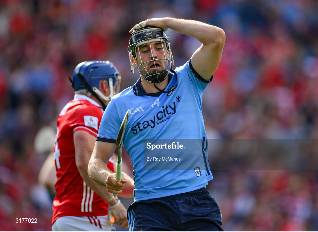 5 July 2025; Ronan Hayes of Dublin reacts to a missed chance  during the GAA Hurling All-Ireland Senior Championship semi-final match between Cork and Dublin at Croke Park in Dublin. Photo by Ray McManus/Sportsfile