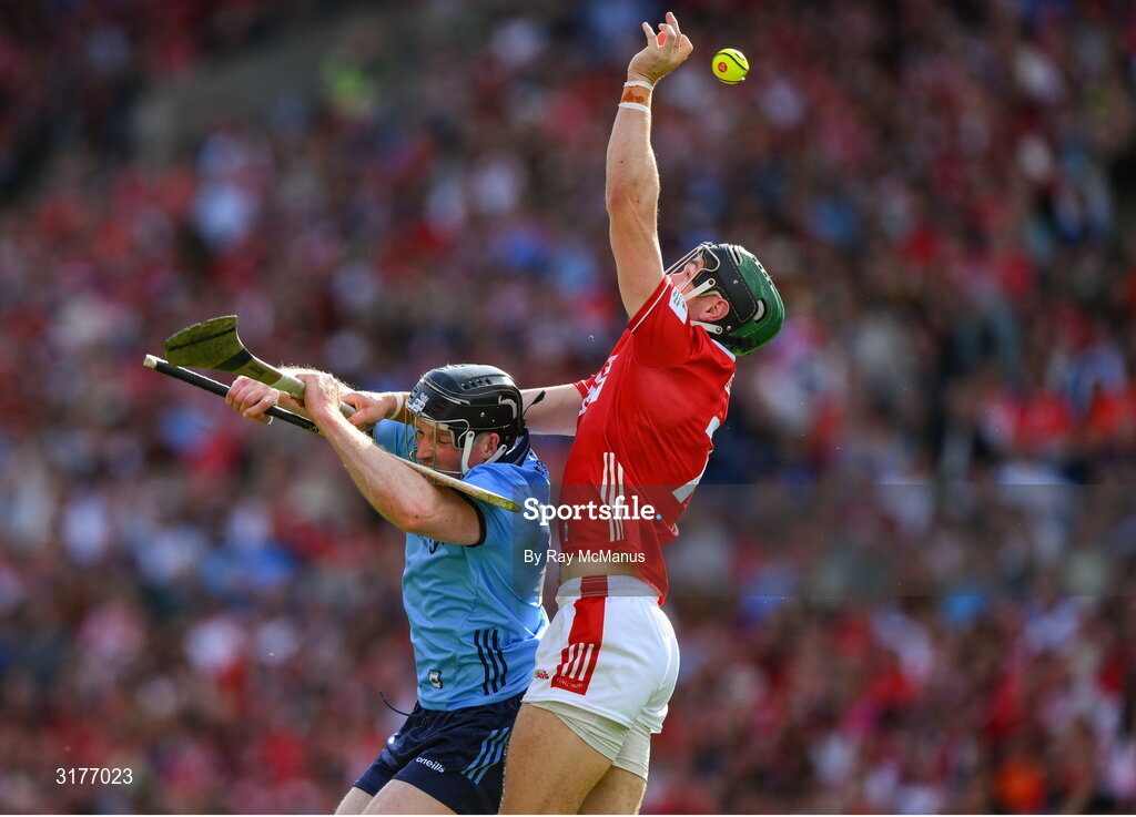 5 July 2025; Cian O'Sullivan of Dublin in action against Mark Coleman of Cork during the GAA Hurling All-Ireland Senior Championship semi-final match between Cork and Dublin at Croke Park in Dublin. Photo by Ray McManus/Sportsfile