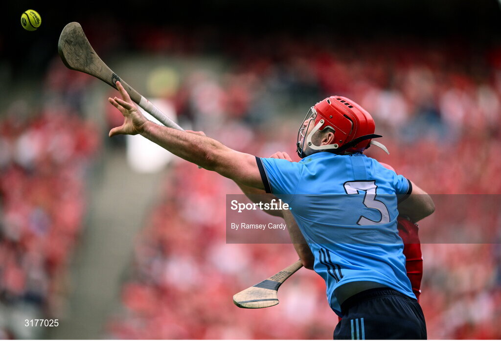 5 July 2025; Paddy Smyth of Dublin in action against Brian Hayes of Cork during the GAA Hurling All-Ireland Senior Championship semi-final match between Cork and Dublin at Croke Park in Dublin. Photo by Ramsey Cardy/Sportsfile