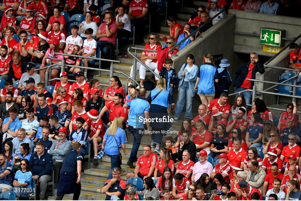 5 July 2025; Dublin supporters head for the exits during the closing stages of the GAA Hurling All-Ireland Senior Championship semi-final match between Cork and Dublin at Croke Park in Dublin. Photo by Stephen McCarthy/Sportsfile