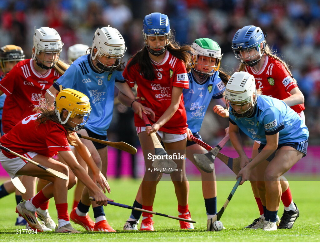 5 July 2025; Players representing both Dublin and Cork compete for the sliotar during the GAA INTO Cumann Na mBunscoil Respect Exhibition Go Games at half time in the GAA Hurling All-Ireland Senior Championship semi-final match between Cork and Dublin at Croke Park in Dublin. Photo by Ray McManus/Sportsfile