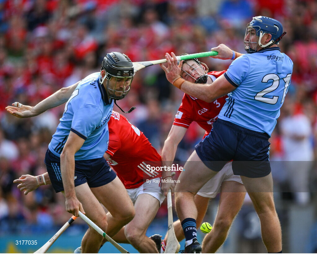 5 July 2025; Dublin players Ronan Hayes and John Hetherton, 21, contest a dropping sliorar with Cork defenders Seán O'Donoghue and Eoin Downey during the GAA Hurling All-Ireland Senior Championship semi-final match between Cork and Dublin at Croke Park in Dublin. Photo by Ray McManus/Sportsfile