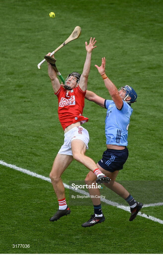 5 July 2025; Eoin Downey of Cork in action against John Hetherton of Dublin during the GAA Hurling All-Ireland Senior Championship semi-final match between Cork and Dublin at Croke Park in Dublin. Photo by Stephen McCarthy/Sportsfile