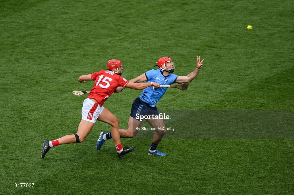 5 July 2025; Paddy Smyth of Dublin in action against Brian Hayes of Cork during the GAA Hurling All-Ireland Senior Championship semi-final match between Cork and Dublin at Croke Park in Dublin. Photo by Stephen McCarthy/Sportsfile