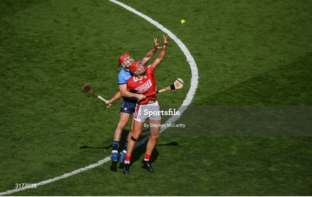 5 July 2025; Brian Hayes of Cork in action against Paddy Smyth of Dublin during the GAA Hurling All-Ireland Senior Championship semi-final match between Cork and Dublin at Croke Park in Dublin. Photo by Stephen McCarthy/Sportsfile