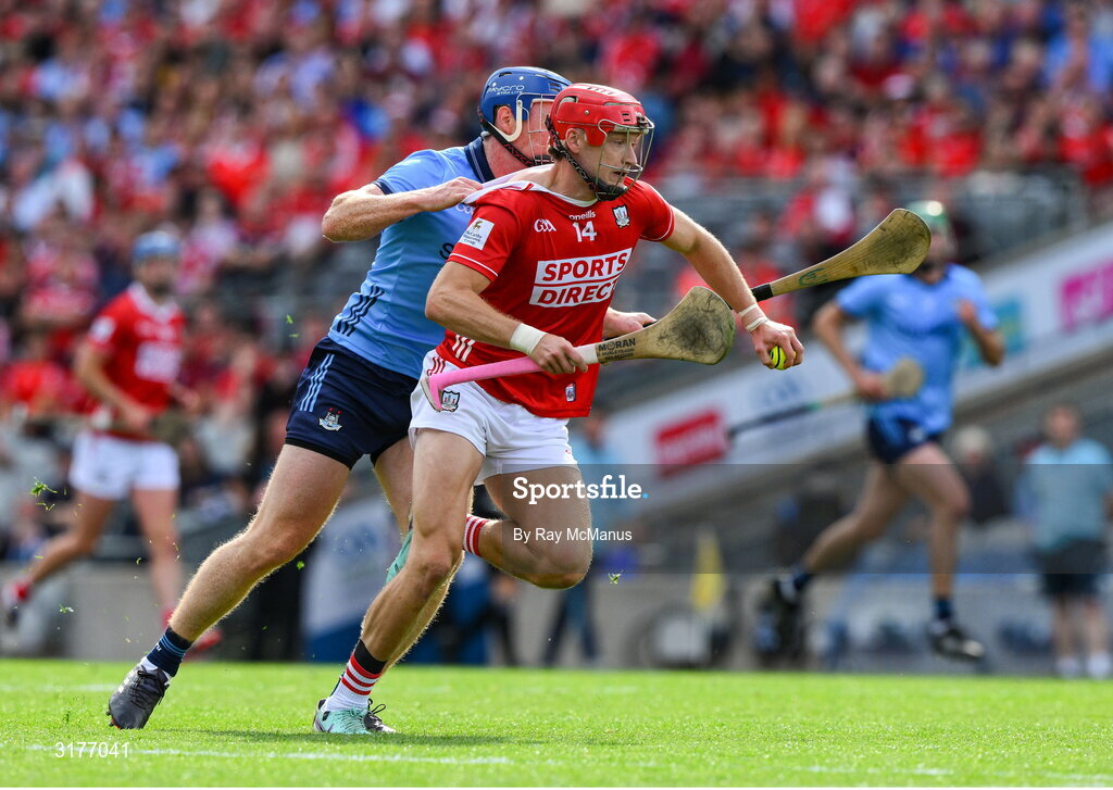 5 July 2025; Alan Connolly of Cork has his jersey pulled by John Bellew of Dublin during the GAA Hurling All-Ireland Senior Championship semi-final match between Cork and Dublin at Croke Park in Dublin. Photo by Ray McManus/Sportsfile