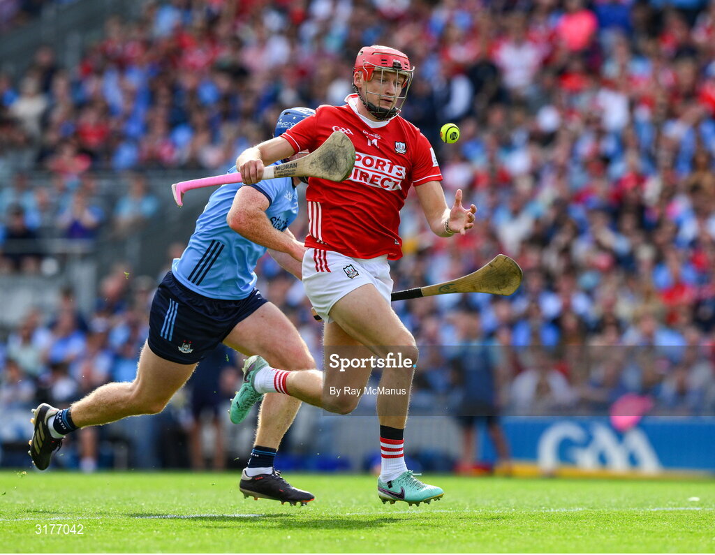 5 July 2025; Alan Connolly of Cork in action against John Bellew of Dublin during the GAA Hurling All-Ireland Senior Championship semi-final match between Cork and Dublin at Croke Park in Dublin. Photo by Ray McManus/Sportsfile