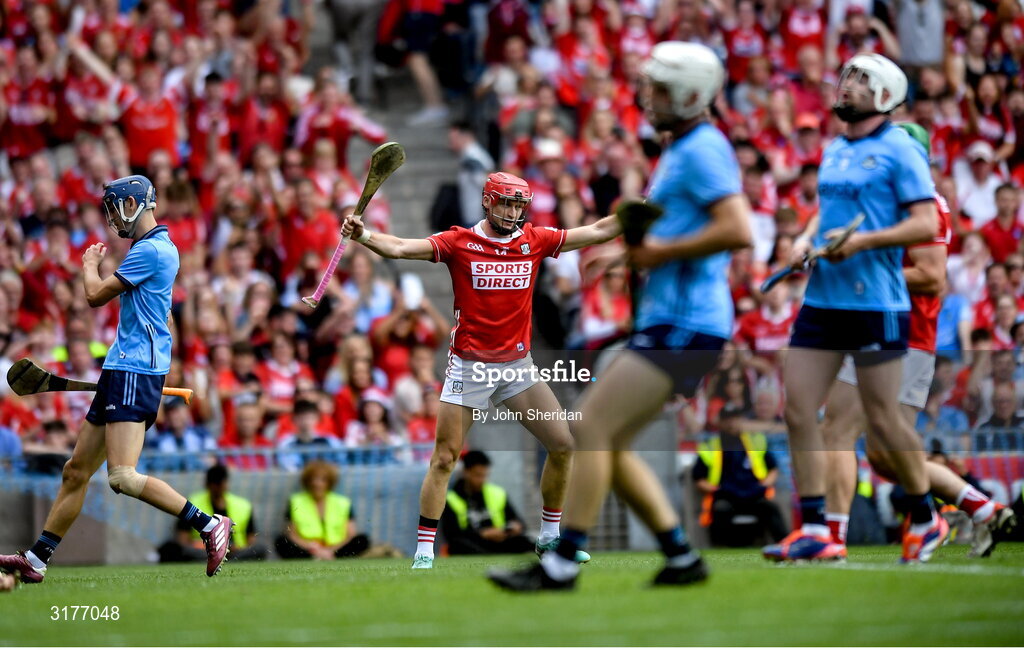 5 July 2025; Alan Connolly of Cork celebrates after scoring his side's seventh goal during the GAA Hurling All-Ireland Senior Championship semi-final match between Cork and Dublin at Croke Park in Dublin. Photo by John Sheridan/Sportsfile