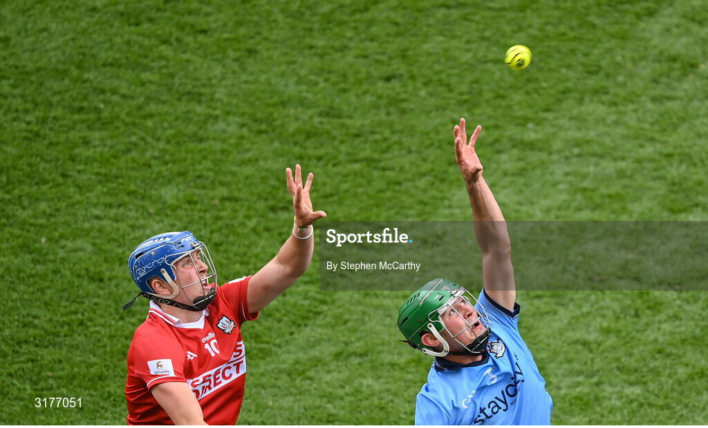5 July 2025; Paddy Doyle of Dublin in action against Diarmuid Healy of Cork during the GAA Hurling All-Ireland Senior Championship semi-final match between Cork and Dublin at Croke Park in Dublin. Photo by Stephen McCarthy/Sportsfile