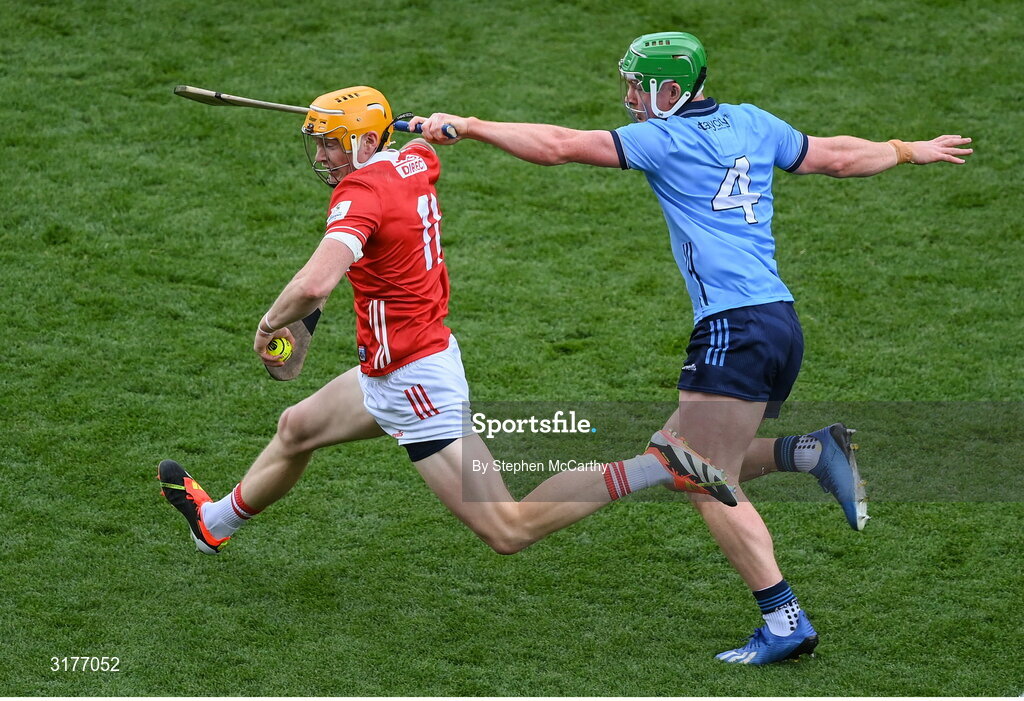 5 July 2025; Shane Barrett of Cork in action against Conor McHugh of Dublin during the GAA Hurling All-Ireland Senior Championship semi-final match between Cork and Dublin at Croke Park in Dublin. Photo by Stephen McCarthy/Sportsfile