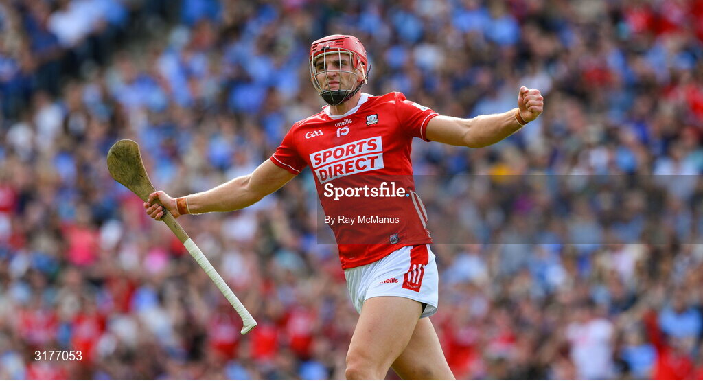 5 July 2025; Brian Hayes of Cork celebrates scoring his side's 4th goal, in the 32nd minute, during the GAA Hurling All-Ireland Senior Championship semi-final match between Cork and Dublin at Croke Park in Dublin. Photo by Ray McManus/Sportsfile