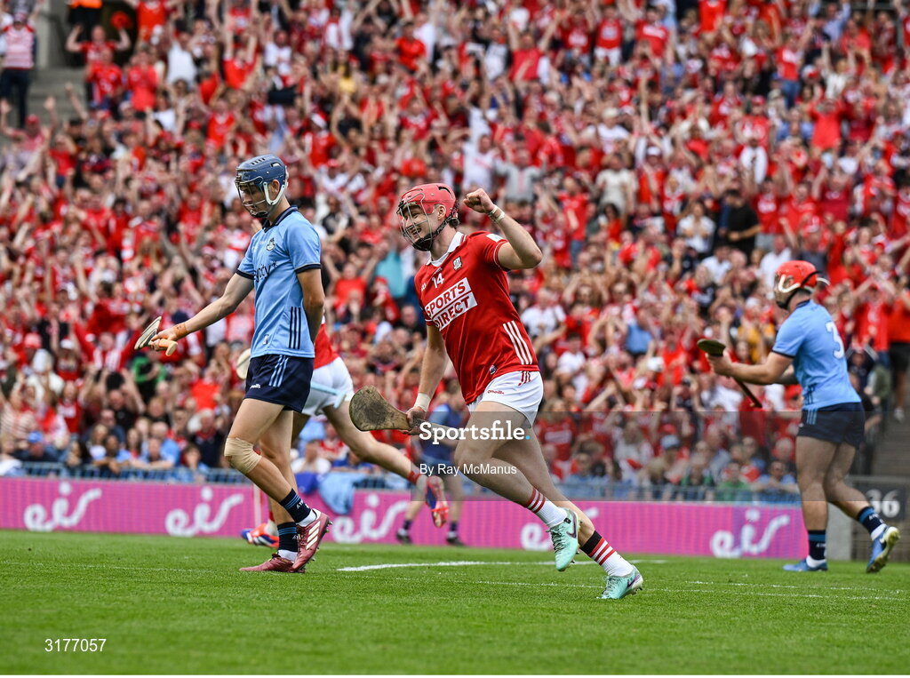 5 July 2025; Alan Connolly of Cork, 14, celebrates scoring his side's third goal during the GAA Hurling All-Ireland Senior Championship semi-final match between Cork and Dublin at Croke Park in Dublin. Photo by Ray McManus/Sportsfile