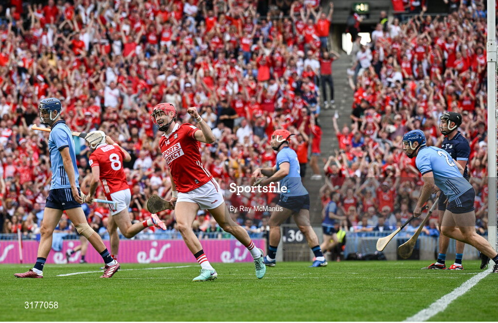 5 July 2025; Alan Connolly of Cork, 14, celebrates scoring his side's third goal during the GAA Hurling All-Ireland Senior Championship semi-final match between Cork and Dublin at Croke Park in Dublin. Photo by Ray McManus/Sportsfile