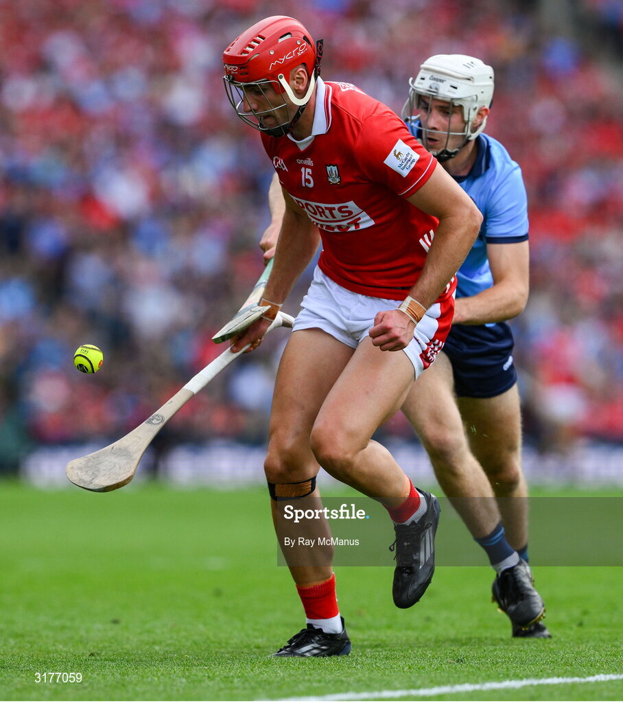 5 July 2025; Brian Hayes of Cork in action against David Lucey of Dublin during the GAA Hurling All-Ireland Senior Championship semi-final match between Cork and Dublin at Croke Park in Dublin. Photo by Ray McManus/Sportsfile