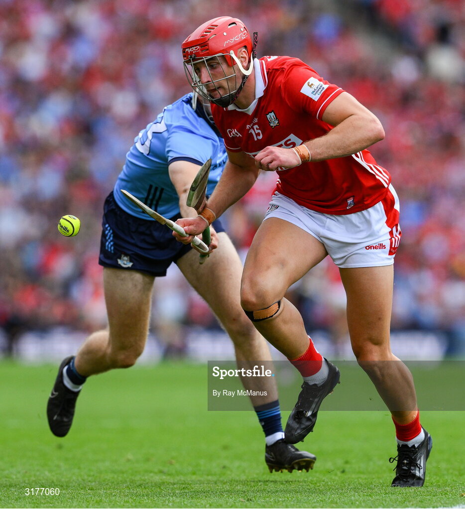 5 July 2025; Brian Hayes of Cork in action against David Lucey of Dublin during the GAA Hurling All-Ireland Senior Championship semi-final match between Cork and Dublin at Croke Park in Dublin. Photo by Ray McManus/Sportsfile