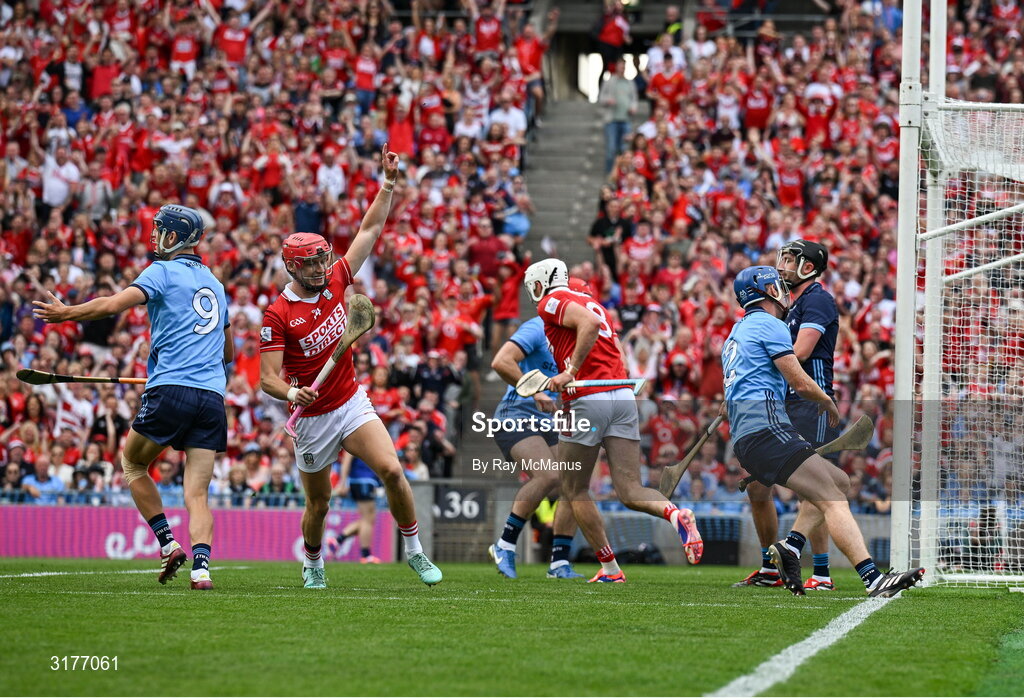 5 July 2025; Alan Connolly of Cork, 14, celebrates scoring his side's third goal during the GAA Hurling All-Ireland Senior Championship semi-final match between Cork and Dublin at Croke Park in Dublin. Photo by Ray McManus/Sportsfile