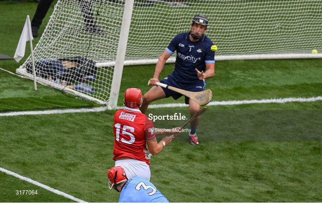 5 July 2025; Brian Hayes of Cork shoots to score his side's first goal past Dublin goalkeeper Sean Brennan during the GAA Hurling All-Ireland Senior Championship semi-final match between Cork and Dublin at Croke Park in Dublin. Photo by Stephen McCarthy/Sportsfile
