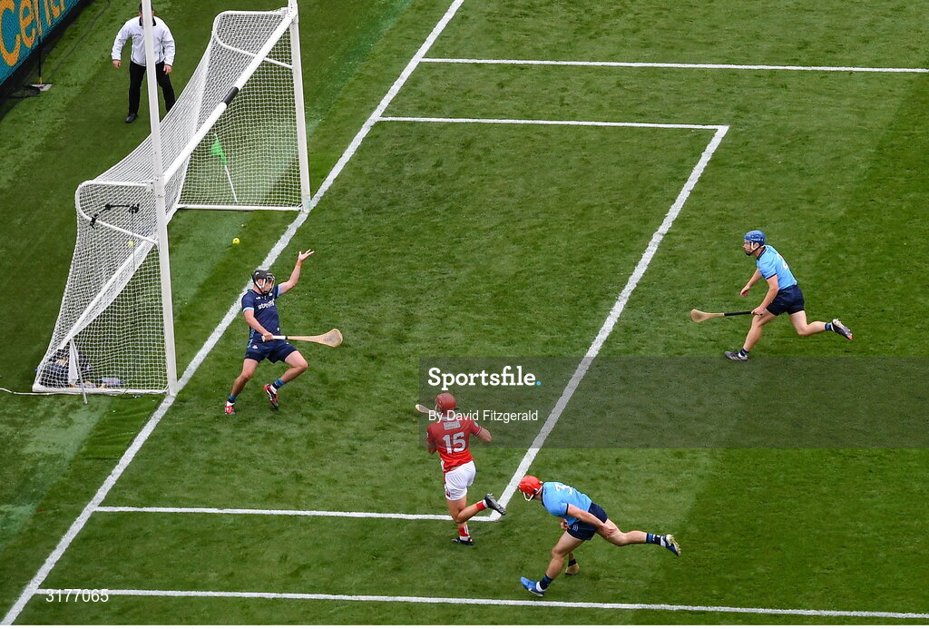 5 July 2025; Brian Hayes of Cork shoots to score his side's first goal during the GAA Hurling All-Ireland Senior Championship semi-final match between Cork and Dublin at Croke Park in Dublin. Photo by David Fitzgerald/Sportsfile