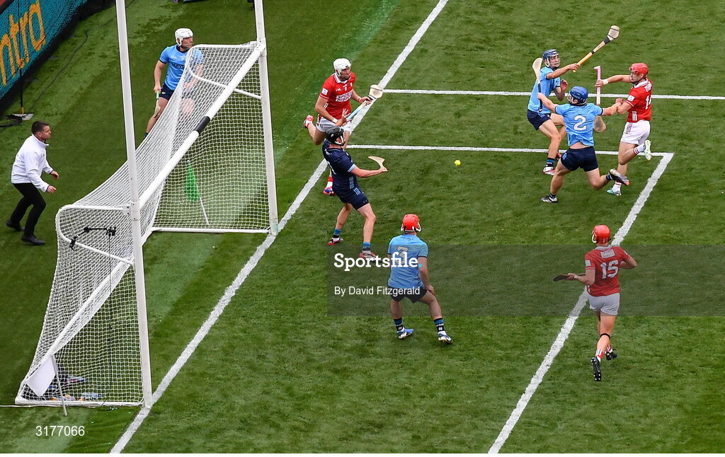 5 July 2025; Alan Connolly of Cork scores his side's third goal during the GAA Hurling All-Ireland Senior Championship semi-final match between Cork and Dublin at Croke Park in Dublin. Photo by David Fitzgerald/Sportsfile
