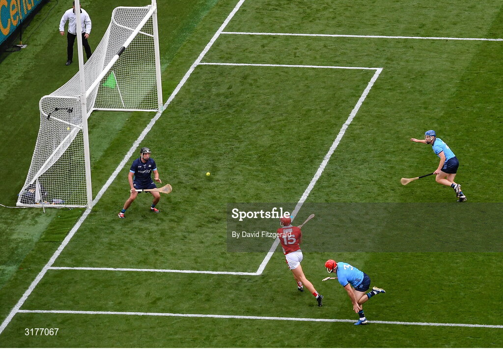 5 July 2025; Brian Hayes of Cork shoots to score his side's first goal during the GAA Hurling All-Ireland Senior Championship semi-final match between Cork and Dublin at Croke Park in Dublin. Photo by David Fitzgerald/Sportsfile