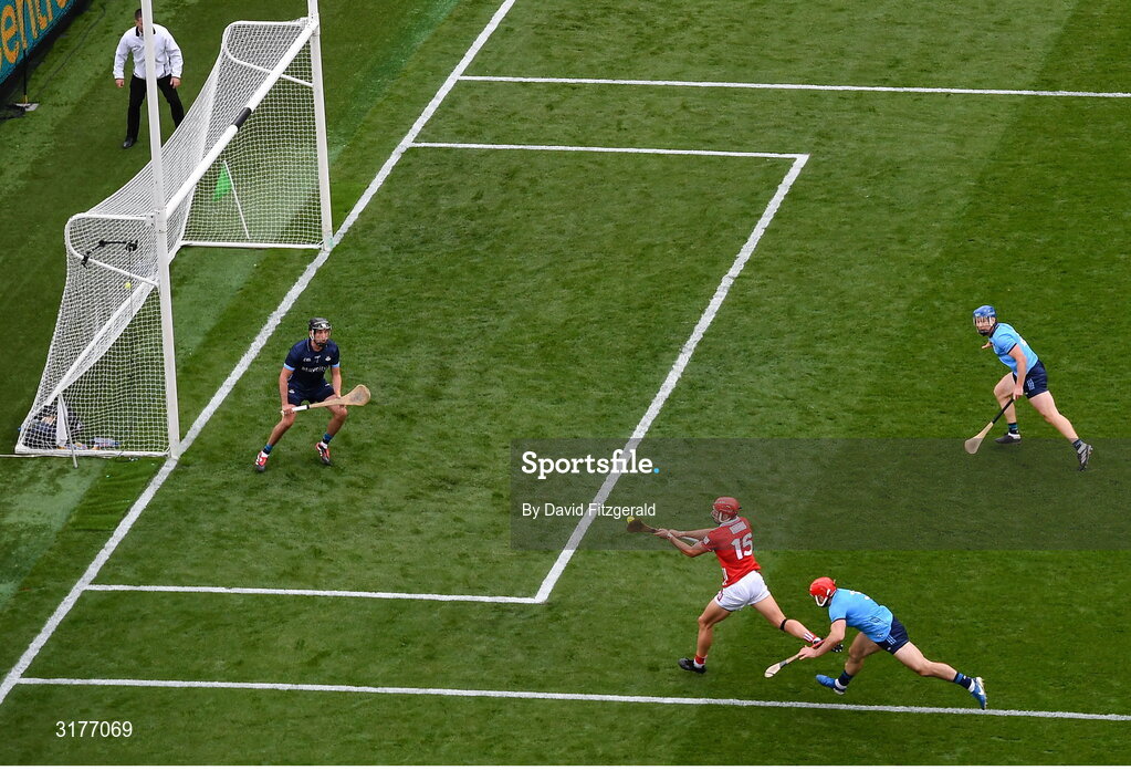5 July 2025; Brian Hayes of Cork shoots to score his side's first goal during the GAA Hurling All-Ireland Senior Championship semi-final match between Cork and Dublin at Croke Park in Dublin. Photo by David Fitzgerald/Sportsfile
