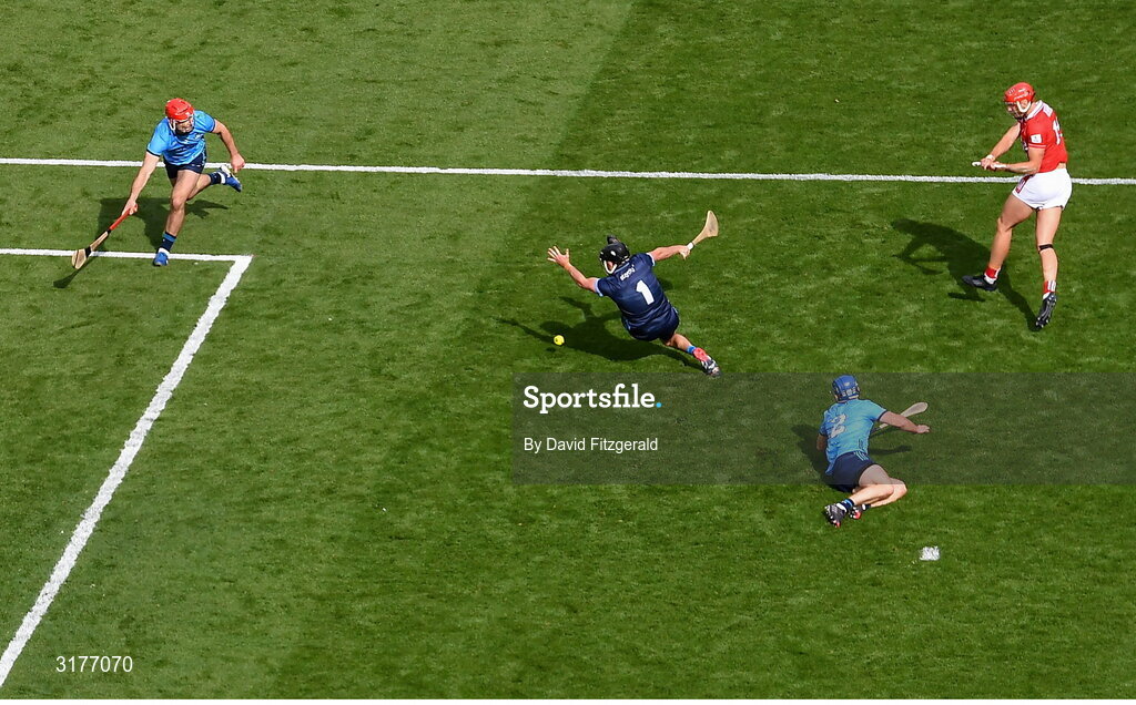 5 July 2025; Brian Hayes of Cork shoots to score his side's fourth goal during the GAA Hurling All-Ireland Senior Championship semi-final match between Cork and Dublin at Croke Park in Dublin. Photo by David Fitzgerald/Sportsfile