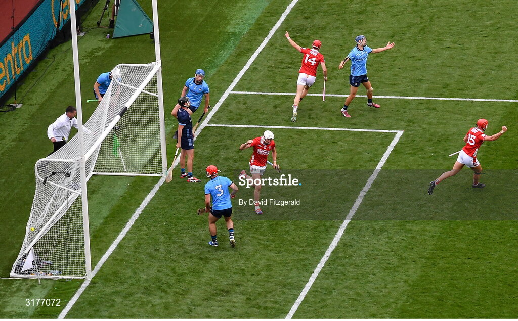 5 July 2025; Alan Connolly of Cork, top, celebrates after scoring his side's third goal during the GAA Hurling All-Ireland Senior Championship semi-final match between Cork and Dublin at Croke Park in Dublin. Photo by David Fitzgerald/Sportsfile