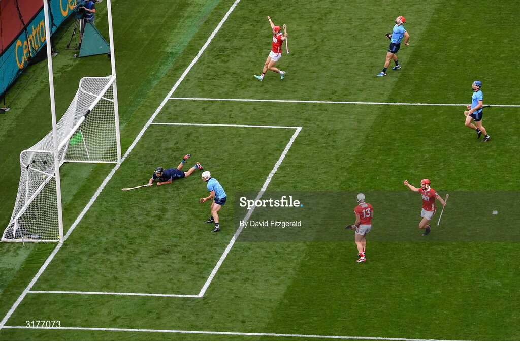 5 July 2025; Alan Connolly of Cork, top, celebrates after scoring his side's second goal during the GAA Hurling All-Ireland Senior Championship semi-final match between Cork and Dublin at Croke Park in Dublin. Photo by David Fitzgerald/Sportsfile