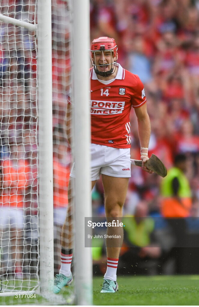 5 July 2025; Alan Connolly of Cork celebrates as teamate Tim O'Mahony scores his side's sixth goal during the GAA Hurling All-Ireland Senior Championship semi-final match between Cork and Dublin at Croke Park in Dublin. Photo by John Sheridan/Sportsfile