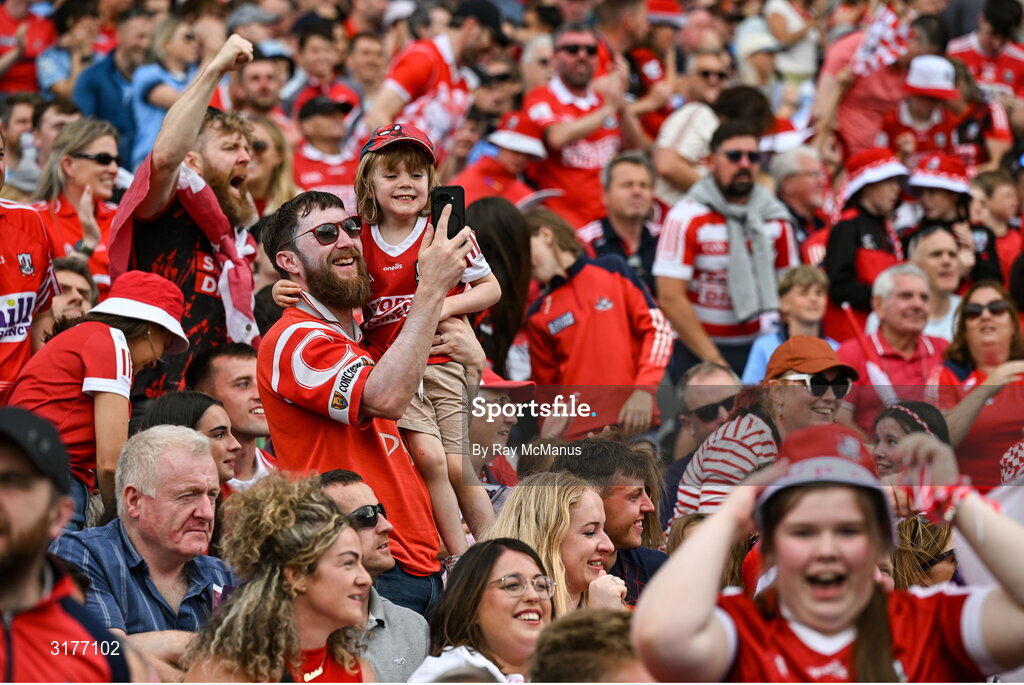 5 July 2025; Cork supporters, in the Cusack Stand, celebrate Brian Hayes of Cork scoring a goal, in the 7th minute, during the GAA Hurling All-Ireland Senior Championship semi-final match between Cork and Dublin at Croke Park in Dublin. Photo by Ray McManus/Sportsfile