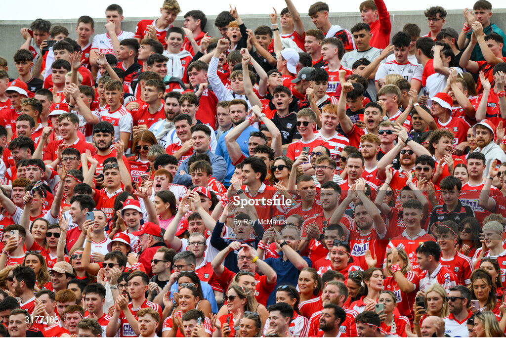 5 July 2025; Cork supporters, on Hill 16, before the GAA Hurling All-Ireland Senior Championship semi-final match between Cork and Dublin at Croke Park in Dublin. Photo by Ray McManus/Sportsfile