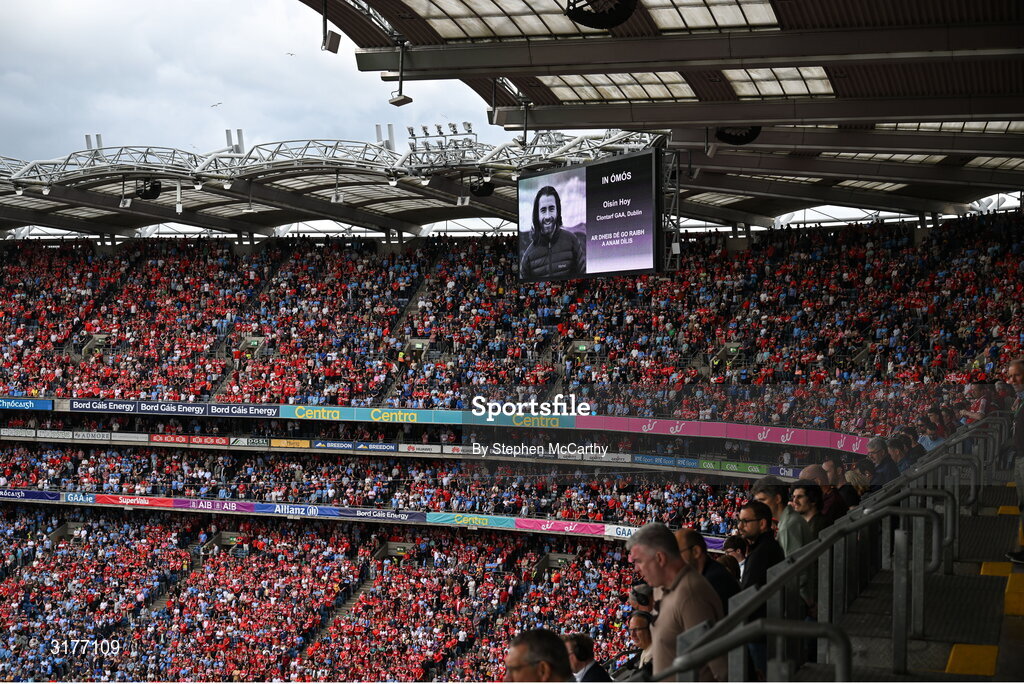 5 July 2025; Oisin Hoy tribute during the GAA Hurling All-Ireland Senior Championship semi-final match between Cork and Dublin at Croke Park in Dublin. Photo by Stephen McCarthy/Sportsfile
