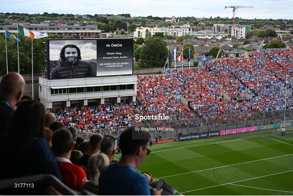5 July 2025; Oisin Hoy tribute during the GAA Hurling All-Ireland Senior Championship semi-final match between Cork and Dublin at Croke Park in Dublin. Photo by Stephen McCarthy/Sportsfile