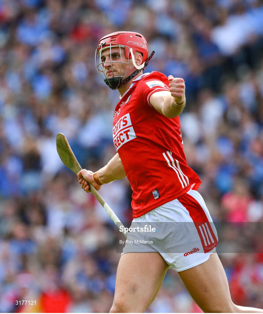 5 July 2025; Brian Hayes of Cork celebrates scoring his side's 4th goal, in the 32nd minute, during the GAA Hurling All-Ireland Senior Championship semi-final match between Cork and Dublin at Croke Park in Dublin. Photo by Ray McManus/Sportsfile
