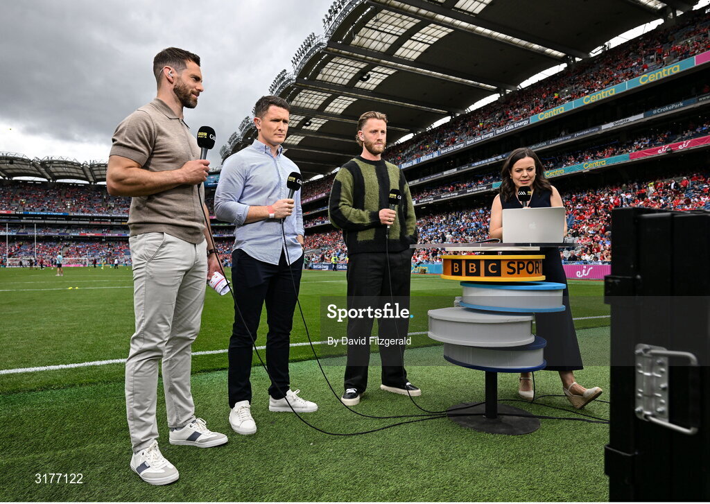5 July 2025; BBC sport pundits, from left, Neil McManus, Paul Murphy and Seamus Flanagan at the GAA Hurling All-Ireland Senior Championship semi-final match between Cork and Dublin at Croke Park in Dublin. Photo by David Fitzgerald/Sportsfile