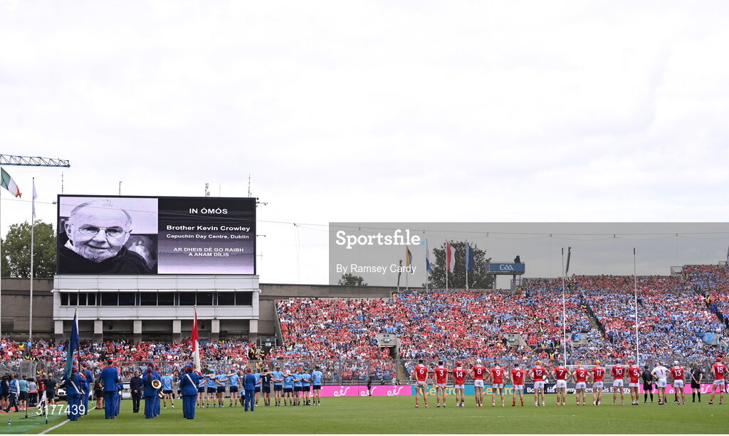 5 July 2025; The late Br. Kevin Crowley of the Capuchin Day Centre is displayed on the screen during a minutes silence before the GAA Hurling All-Ireland Senior Championship semi-final match between Cork and Dublin at Croke Park in Dublin. Photo by Ramsey Cardy/Sportsfile