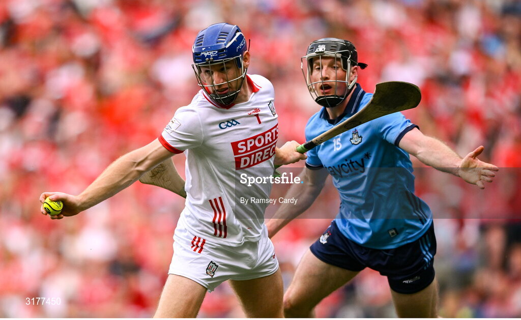 5 July 2025; Cork goalkeeper Patrick Collins in action against Cian O'Sullivan of Dublin during the GAA Hurling All-Ireland Senior Championship semi-final match between Cork and Dublin at Croke Park in Dublin. Photo by Ramsey Cardy/Sportsfile