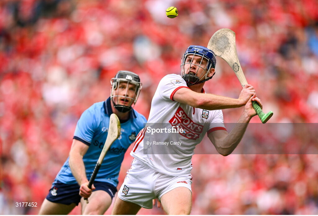 5 July 2025; Cork goalkeeper Patrick Collins in action against Cian O'Sullivan of Dublin during the GAA Hurling All-Ireland Senior Championship semi-final match between Cork and Dublin at Croke Park in Dublin. Photo by Ramsey Cardy/Sportsfile