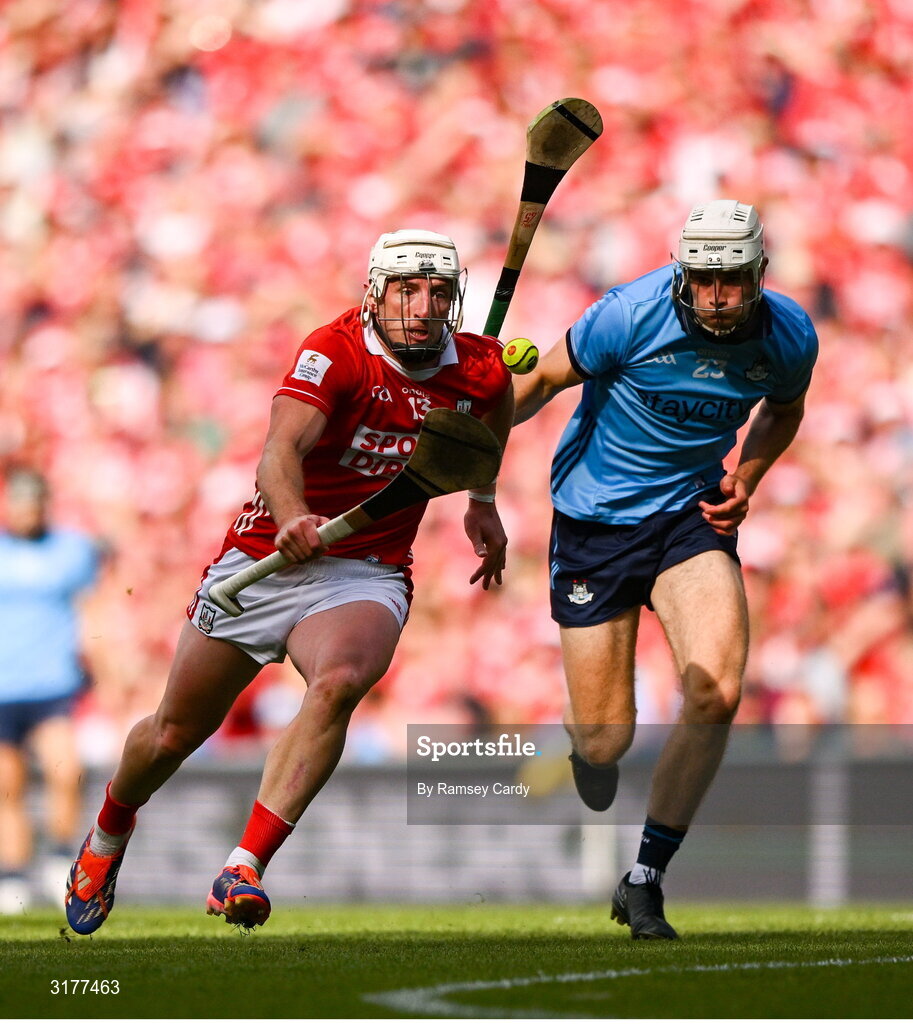 5 July 2025; Patrick Horgan of Cork in action against David Lucey of Dublin during the GAA Hurling All-Ireland Senior Championship semi-final match between Cork and Dublin at Croke Park in Dublin. Photo by Ramsey Cardy/Sportsfile