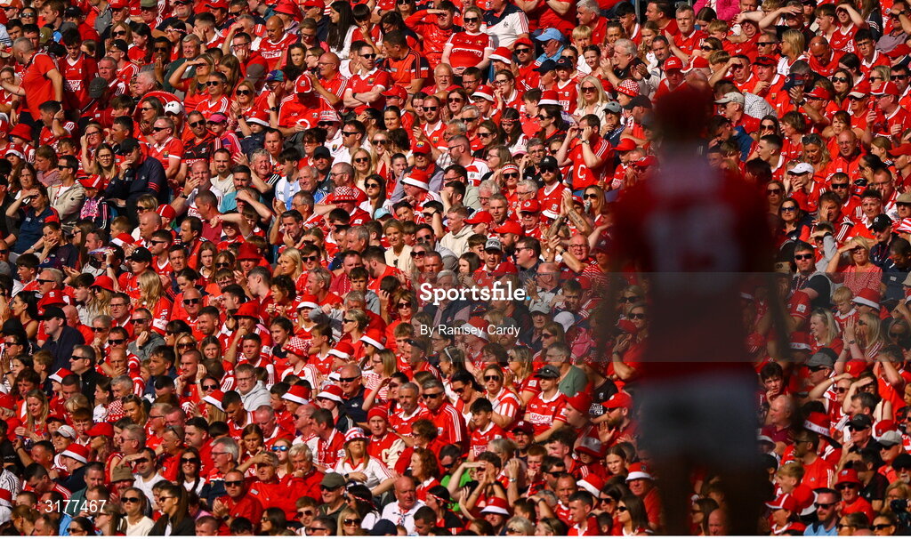 5 July 2025; Supporters during the GAA Hurling All-Ireland Senior Championship semi-final match between Cork and Dublin at Croke Park in Dublin. Photo by Ramsey Cardy/Sportsfile