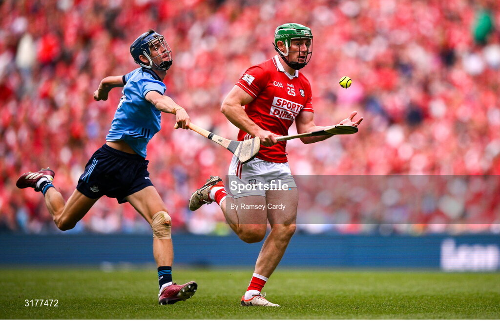 5 July 2025; Robbie O'Flynn of Cork in action against Brian Hayes of Dublin during the GAA Hurling All-Ireland Senior Championship semi-final match between Cork and Dublin at Croke Park in Dublin. Photo by Ramsey Cardy/Sportsfile