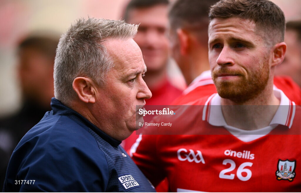 5 July 2025; Cork manager Pat Ryan and Conor Lehane of Cork during the GAA Hurling All-Ireland Senior Championship semi-final match between Cork and Dublin at Croke Park in Dublin. Photo by Ramsey Cardy/Sportsfile