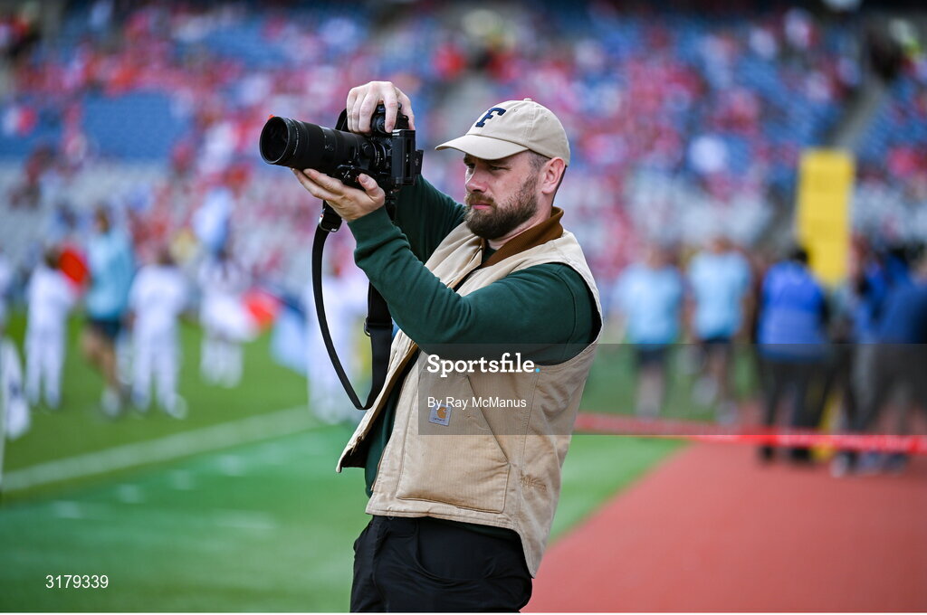 5 July 2025; A photographer at work before the GAA Hurling All-Ireland Senior Championship semi-final match between Cork and Dublin at Croke Park in Dublin. Photo by Ray McManus/Sportsfile