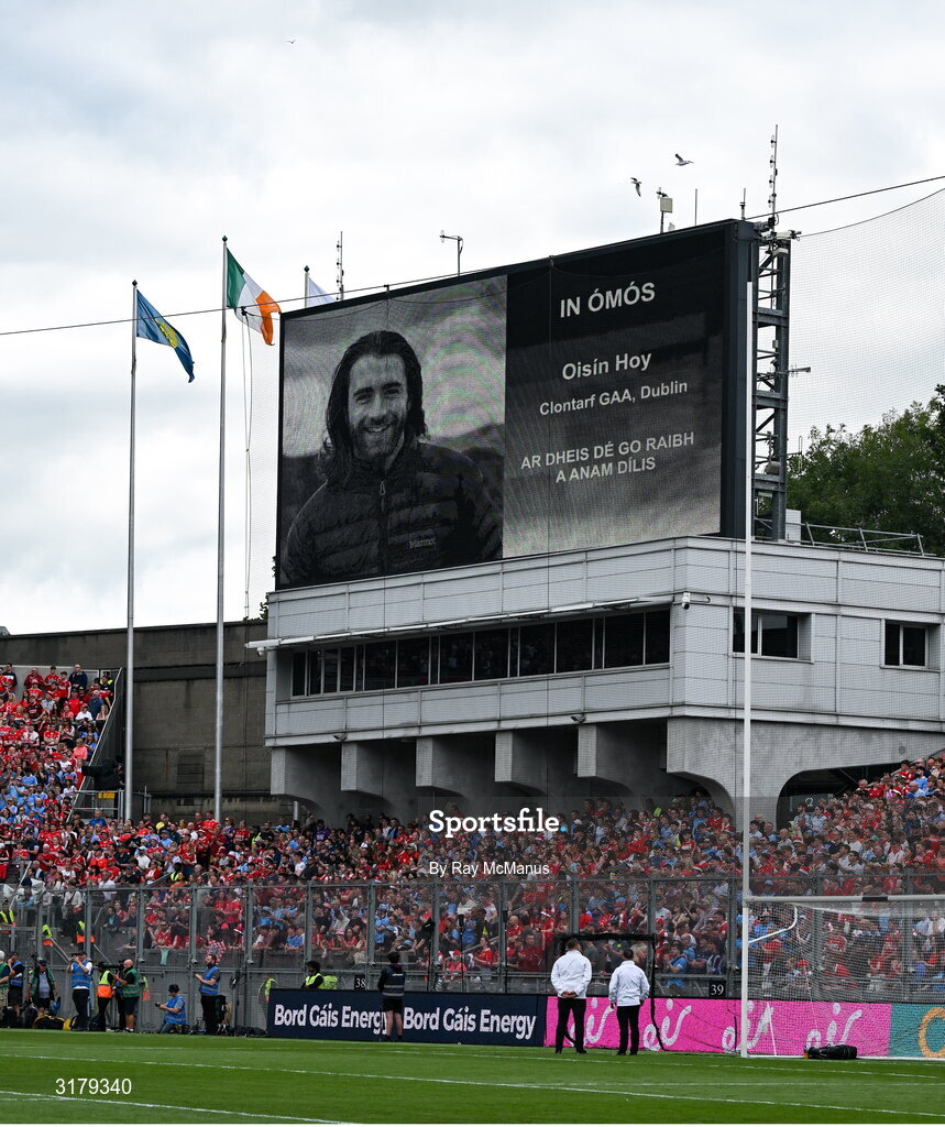 5 July 2025; The late Oisín Hoy, Clontarf GAA, is remembered before the GAA Hurling All-Ireland Senior Championship semi-final match between Cork and Dublin at Croke Park in Dublin. Photo by Ray McManus/Sportsfile
