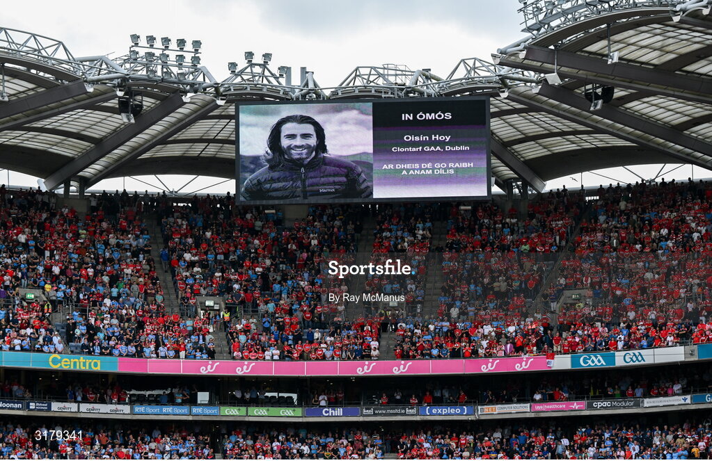 5 July 2025; The late Oisín Hoy, Clontarf GAA, is remembered before the GAA Hurling All-Ireland Senior Championship semi-final match between Cork and Dublin at Croke Park in Dublin. Photo by Ray McManus/Sportsfile