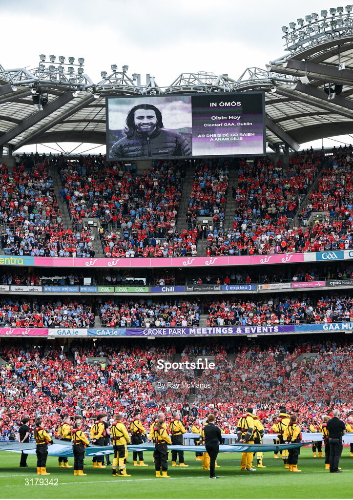5 July 2025; The late Oisín Hoy, Clontarf GAA, is remembered before the GAA Hurling All-Ireland Senior Championship semi-final match between Cork and Dublin at Croke Park in Dublin. Photo by Ray McManus/Sportsfile