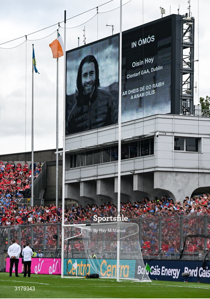 5 July 2025; The late Oisín Hoy, Clontarf GAA, is remembered before  the GAA Hurling All-Ireland Senior Championship semi-final match between Cork and Dublin at Croke Park in Dublin. Photo by Ray McManus/Sportsfile