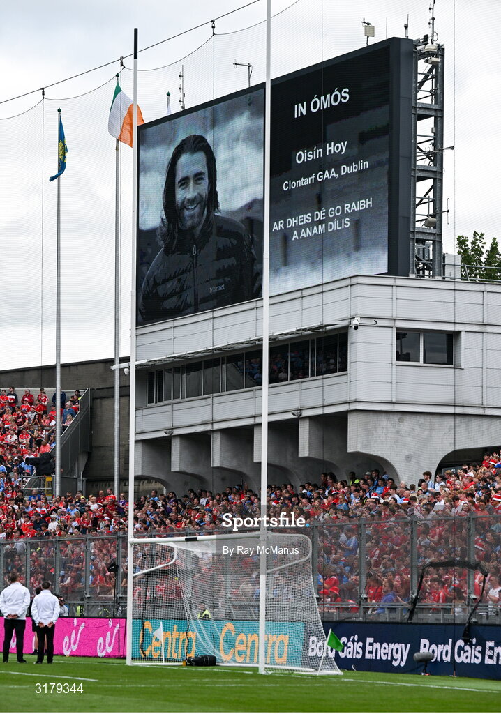 5 July 2025; The late Oisín Hoy, Clontarf GAA, is remembered before  the GAA Hurling All-Ireland Senior Championship semi-final match between Cork and Dublin at Croke Park in Dublin. Photo by Ray McManus/Sportsfile