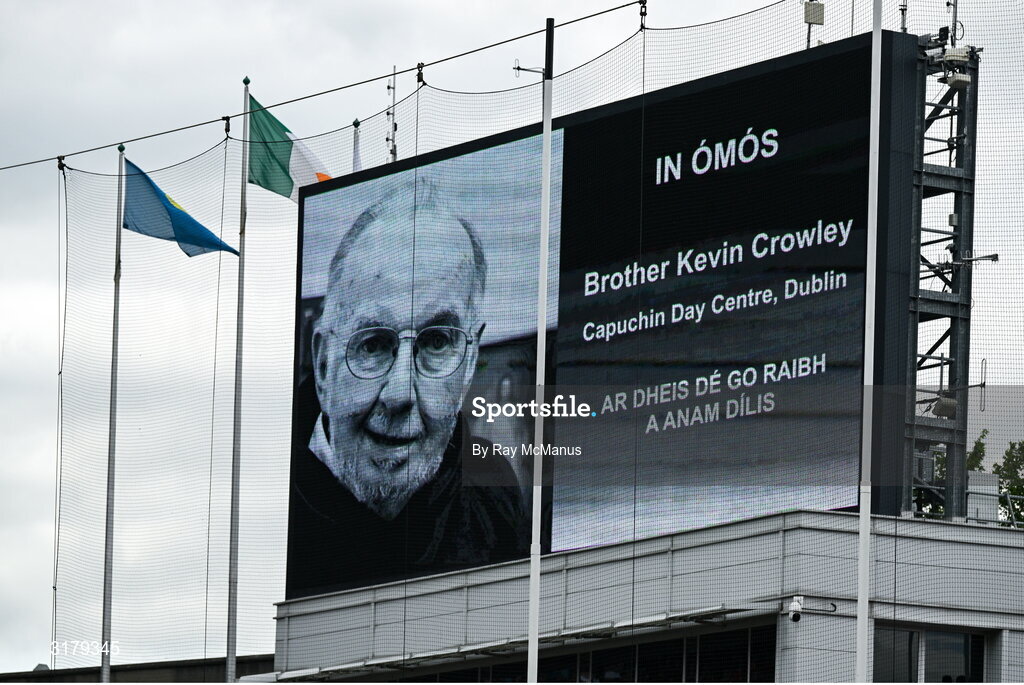 5 July 2025; The late Br Kevin Crowley is remembered before  the GAA Hurling All-Ireland Senior Championship semi-final match between Cork and Dublin at Croke Park in Dublin. Photo by Ray McManus/Sportsfile