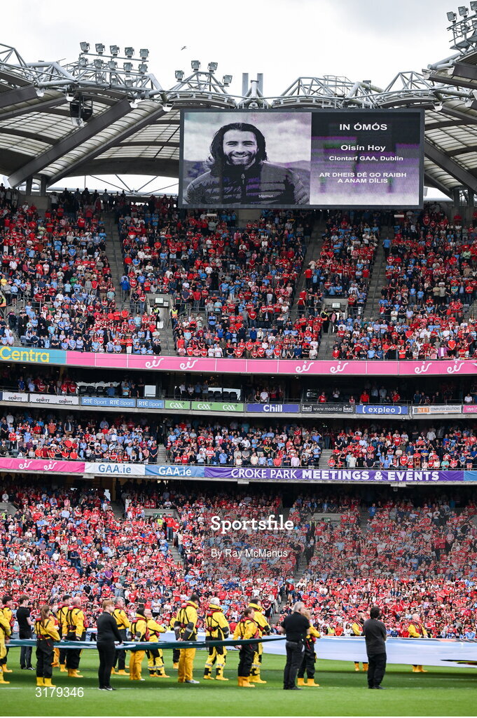 5 July 2025; The late Oisín Hoy, Clontarf GAA, is remembered before  the GAA Hurling All-Ireland Senior Championship semi-final match between Cork and Dublin at Croke Park in Dublin. Photo by Ray McManus/Sportsfile